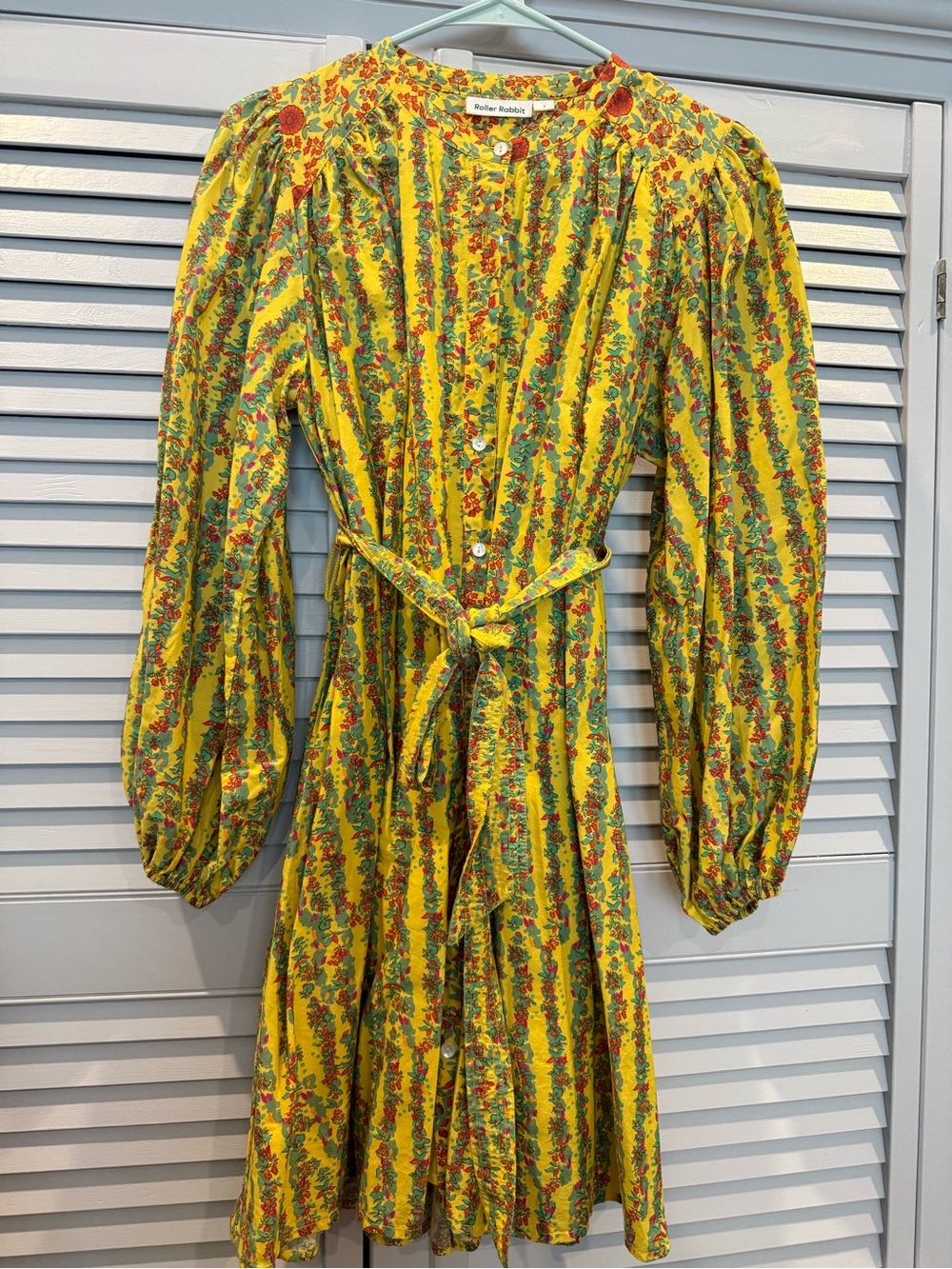 Roller Rabbit Yellow Floral Long-Sleeve Button Dress with Tie